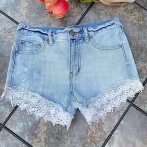 Free People Blue Lacey Crochet Distressed Denim Cutoff Shorts Size 24/00